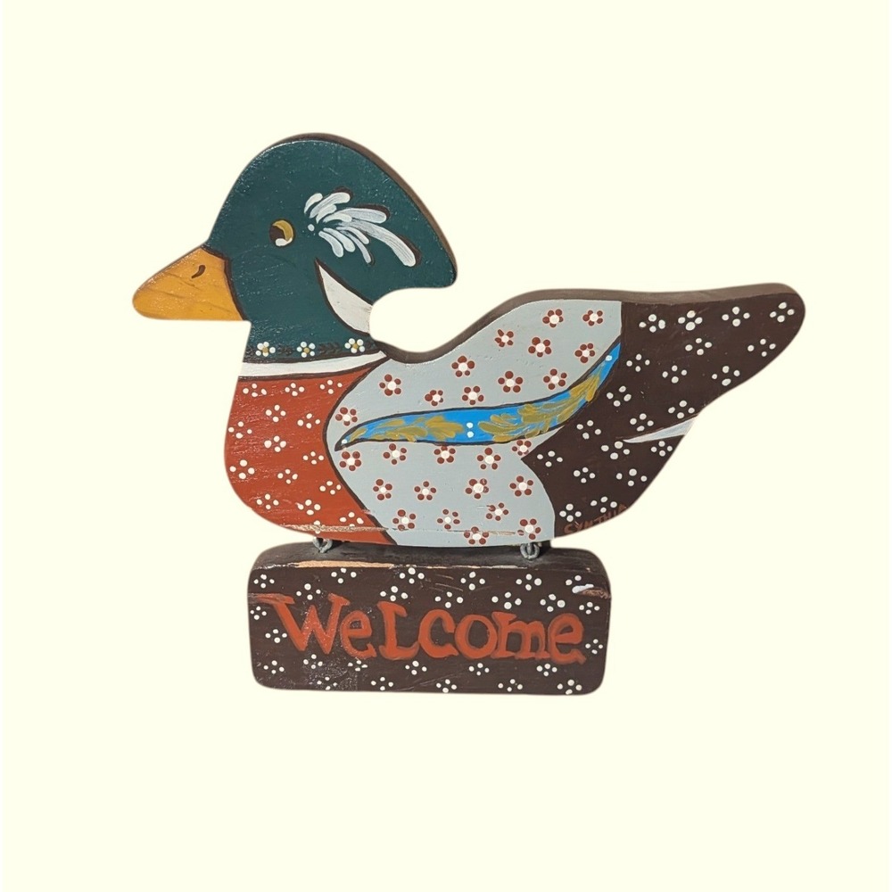 Vintage Hand Painted Wooden Duck Mallard Welcome Sign Wall Hanging Folk Art